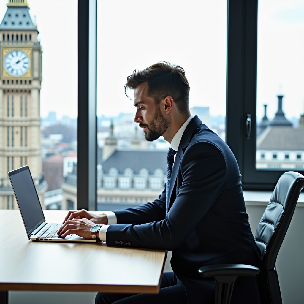 A man in a suit with a laptop.